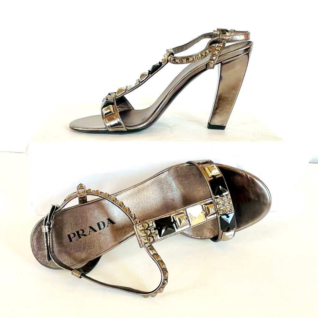 Prada Metallic Gunmetal Gray Studded Sandals 37.5